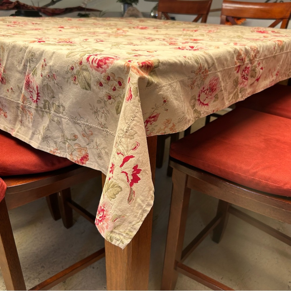Floral Tea Stained Tablecloth with Red and Pink Accents #0215264